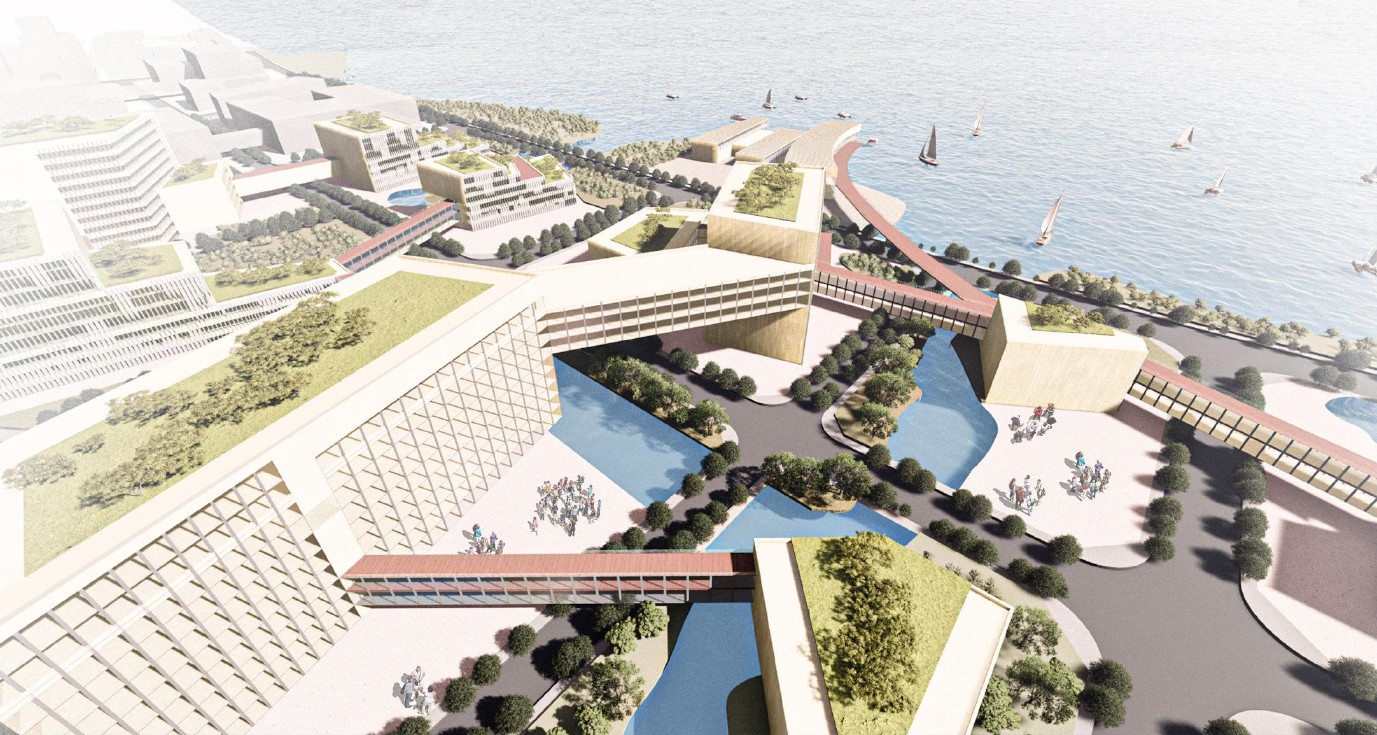 滨海节点鸟瞰效果图,连接公共建筑、景观、步行路径与海岸。